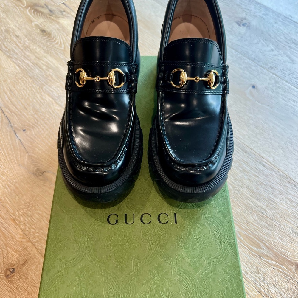 Gucci Women’s magnum calf/nappa leather black horse bit loafers with chunky heal